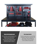 47 Inch Workbench With Pegboard And Double Storage Platform, showing tools organized on pegboard and shelves in garage setting.