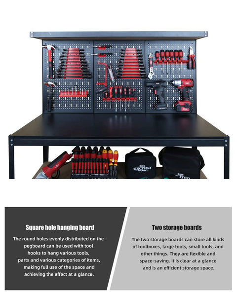 47 Inch Workbench With Pegboard And Double Storage Platform, showing tools organized on pegboard and shelves in garage setting.