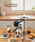 Top Shelf Automatic Espresso Coffee Maker With 20 Bar Pressure And Glowing Touchscreen Panel Offering Zero Fuss One Button Operation For Crisp Americanos Silky Milk Froth And Quick Steam Power For Your Daily Grind Now with assorted coffee drinks on a wooden table.