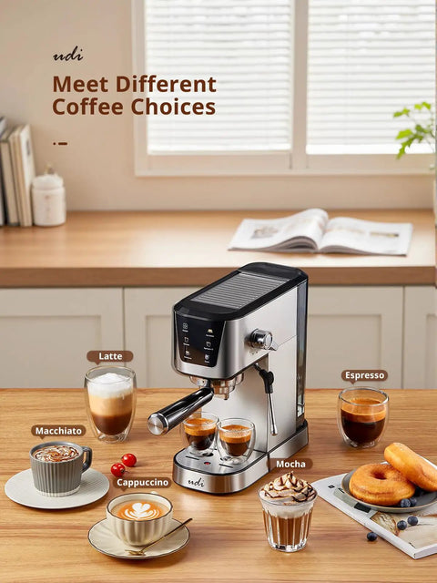 Top Shelf Automatic Espresso Coffee Maker With 20 Bar Pressure And Glowing Touchscreen Panel Offering Zero Fuss One Button Operation For Crisp Americanos Silky Milk Froth And Quick Steam Power For Your Daily Grind Now with assorted coffee drinks on a wooden table.