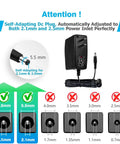 12V 2A 24W Power Supply Adapter with 5.5mm by 2.1mm plug, compatible with 2.5mm, showing compatibility guide for DC plug sizes.