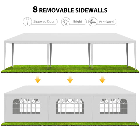 Heavy Duty Outdoor Party Tent 10x30 Gazebo With Removable Sidewalls showing open and closed configurations on green lawn