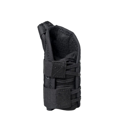 Kid Sized Thumb Spica Wrist Splint For Sprains And Tendonitis, Left Wrist Immobilizer shown from side, black fabric, 3 to 5 inch circ.