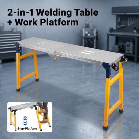 Hella Heavy Duty Collapsible Welding Table 1100 Lb Foldable Steel Workbench For Metalworking, versatile 2-in-1 workbench with step platform.