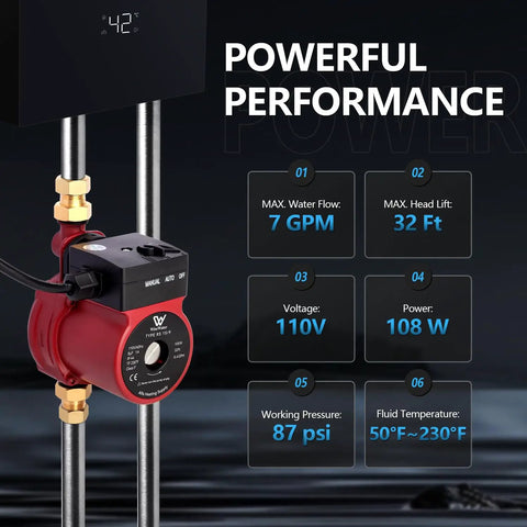 Automatic Hot Water Recirculating Pump 7 GPM 32 Ft Head features digital display and specifications for maximum performance.