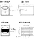 Oasis 360 Post Mounted Mailbox White, Heavy Duty Steel Build technical diagram showing front, side, opening, and bottom views.