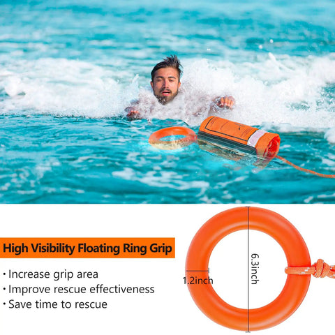 Man using Water Rescue Throw Bag With 50 Feet Of Three Tenths Inch Rope Tensile Strength 1844 Lbs, floating in water