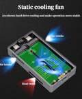 Static cooling fan design inside Rock Solid Dual Bay M.2 NVMe SSD RAID Enclosure with air intake and heat vents.