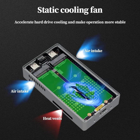 Static cooling fan design inside Rock Solid Dual Bay M.2 NVMe SSD RAID Enclosure with air intake and heat vents.