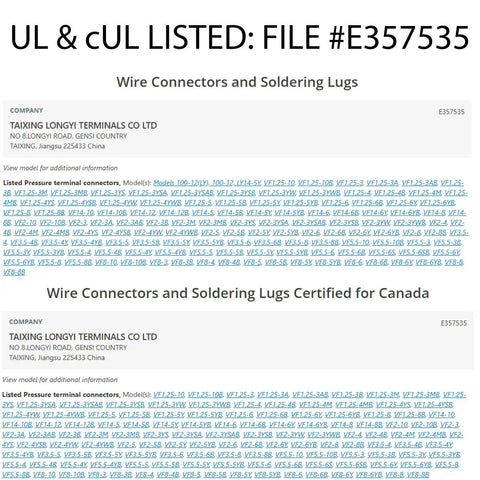 UL & cUL listing information for wire connectors and soldering lugs from Taixing Longyi Terminals Co. Ltd.