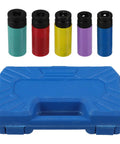 Awesome Grip Heavy Duty Wheel Lug Nut Impact Socket Set With Protective Rim Sleeves And Thin Wall 15 To 22 Mm Drive Tools For Electric Or Pneumatic Use To Keep Your Rims Scratch Free And Look Fresh. Five colored impact sockets with blue case
