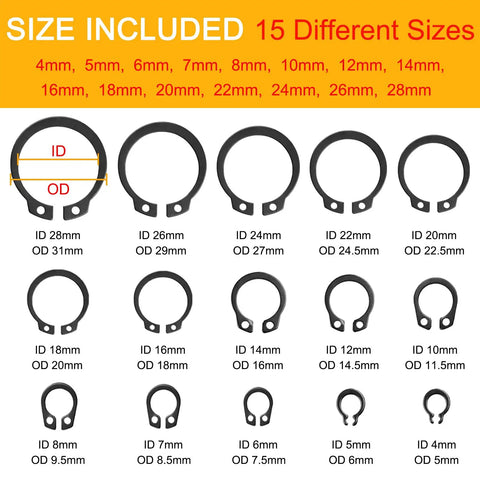 320Pcs External Snap Rings Kit 4mm To 28mm Alloy Steel C Clips 15 Sizes Heavy Duty Retaining Ring Assortment For Mechanical Automotive DIY Projects Black Finish