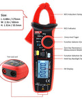 Front view of Clamp Meter Multimeter With Non Contact Voltage Tester For 2A AC DC, Amp Clamp Meter, LCD Display showing features