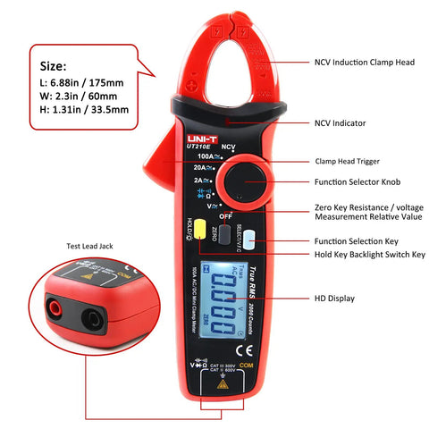 Front view of Clamp Meter Multimeter With Non Contact Voltage Tester For 2A AC DC, Amp Clamp Meter, LCD Display showing features