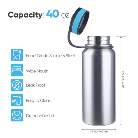 Stainless Steel Canteen Water Bottle With Nested Camping Cup And Lid Wide Mouth 40oz Metal Canteen showing open lid and features