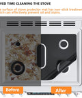 Image showing before and after use of a cuttable silicone stove top cover for gas burners 27x16.7 in, demonstrating cleanup and protection.