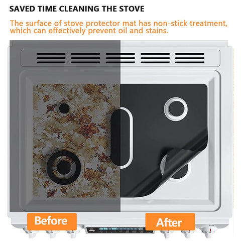 Image showing before and after use of a cuttable silicone stove top cover for gas burners 27x16.7 in, demonstrating cleanup and protection.