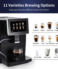 Super Automatic Espresso Maker Bean To Cup Coffee Machine One Touch Milk Frother Single Button Brew Eleven Custom Drinks showing coffee options