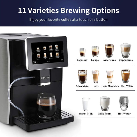 Super Automatic Espresso Maker Bean To Cup Coffee Machine One Touch Milk Frother Single Button Brew Eleven Custom Drinks showing coffee options
