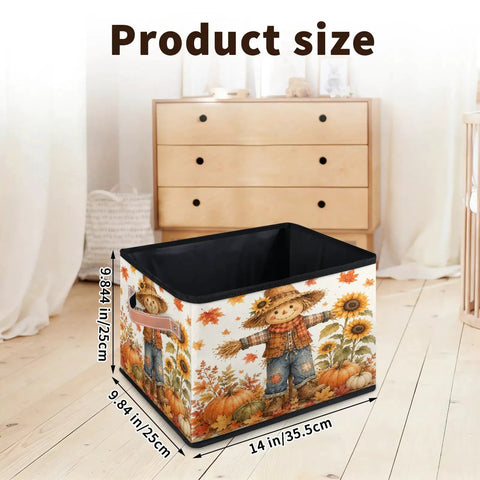 Autumn Theme Fabric Storage Basket For Standard Shelving And Closets Hella Durable Canvas Organizer Bin With Strong Handles, size 14x9.84 inches.