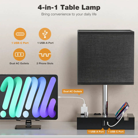 Fully Dimmable Bedside Lamps With USB C Ports And Two Outlets, Set Of 2 Wooden Desk Lamps With phone stand showing charging capabilities.