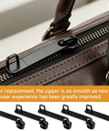 Universal Zipper Slider Replacement Kit For Luggage And Gear Ten Piece Set With Double Layer Pull Tabs installed on leather bag