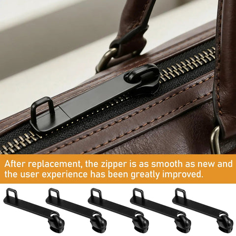 Universal Zipper Slider Replacement Kit For Luggage And Gear Ten Piece Set With Double Layer Pull Tabs installed on leather bag