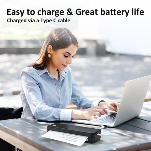 Woman using Inkless Portable Printer For Travel, Wireless Bluetooth Thermal Printer, Supports 8.5 By 11 Inch Paper on outdoor table.