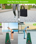 Three scenes: person carrying bag, woman playing at home, man playing outside with Ultimate Backyard Golf Putting Game Set With Velvet Putting Mat