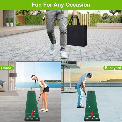 Three scenes: person carrying bag, woman playing at home, man playing outside with Ultimate Backyard Golf Putting Game Set With Velvet Putting Mat