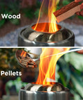 Cozy Tabletop Fire Pit With Stand Smokeless Outdoor Stove For Camping And Patio Use Grab And Go Seven Point Nine By Six Point One Inches Portable Stainless Steel Fueled By Pellets Or Wood Includes Travel Bag, showing wood and pellets being added.