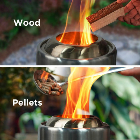 Cozy Tabletop Fire Pit With Stand Smokeless Outdoor Stove For Camping And Patio Use Grab And Go Seven Point Nine By Six Point One Inches Portable Stainless Steel Fueled By Pellets Or Wood Includes Travel Bag, showing wood and pellets being added.