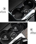 Before and after view of Non Slip Silicone Cup Holder Coaster Set For Cars And Home, 2 Pack, 2.75 Inch Round Coasters, Black, installed in vehicle.