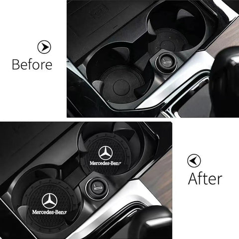 Before and after view of Non Slip Silicone Cup Holder Coaster Set For Cars And Home, 2 Pack, 2.75 Inch Round Coasters, Black, installed in vehicle.