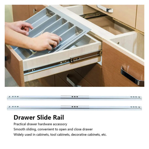 Premium Grade Heavy Duty Side Mounted Ball Bearing Drawer Slides Full Extension Steel Cabinet Hardware installed in a drawer.