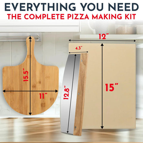 Game Changing Pizza Stone Set For Oven And Grill 15 By 12 Inches Three Piece Baking Stones, includes paddle and cutter.