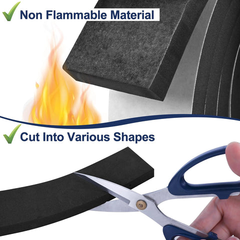 Front view: black foam weatherstripping tape being cut with scissors; self-adhesive door and window seal.