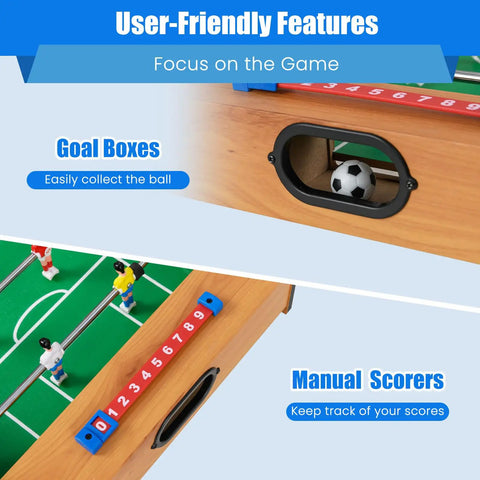 Goal boxes and manual scorers on the 2 In 1 Swivel Mini Game Table Top Wood Foosball And Slide Hockey Combo.