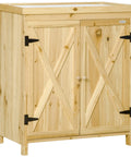 Top Shelf 32 Inch Galvanized Top Workshop Cabinet With Dual Shelves And Rust Resistant Farmhouse Doors, natural wood color.