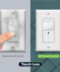 Motion Sensor Switch With PIR Ambient Light Level, side by side with general light switch, emphasizing touchless feature