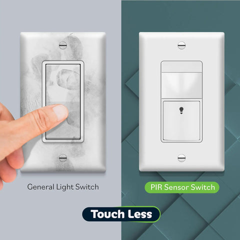 Motion Sensor Switch With PIR Ambient Light Level, side by side with general light switch, emphasizing touchless feature