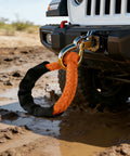 UHMWPE Soft Shackle Two Pack With Space Aluminum Recovery Ring attached to Jeep for off road recovery