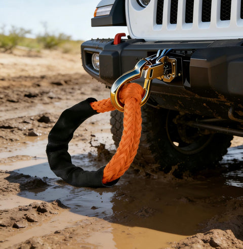 UHMWPE Soft Shackle Two Pack With Space Aluminum Recovery Ring attached to Jeep for off road recovery