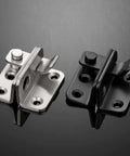 Two Pack Heavy Duty Flip Latches In Black Stainless Steel For Barn Gates And Sliding Doors Great For Cabinets And Closets 1.81 By 1.77 Inches Durable Hasps With Secure Bi Fold Door Lock Antique Style Hardware, showing black and silver latches on reflective surface.