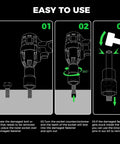 Illustration showing usage steps for Heavy Duty Impact Bolt And Nut Extractor Kit 25 Pcs With 3/8 Inch And 1/2 Inch Drive Remover Sockets.