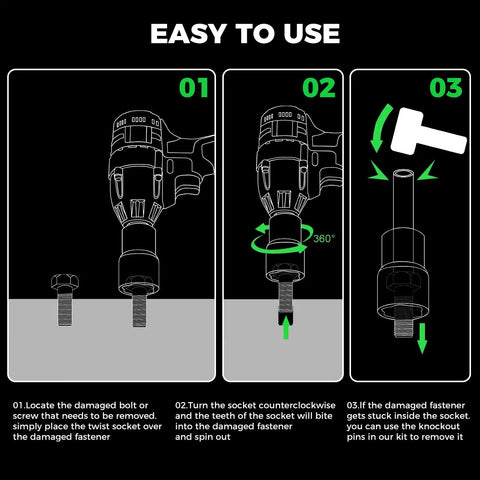 Illustration showing usage steps for Heavy Duty Impact Bolt And Nut Extractor Kit 25 Pcs With 3/8 Inch And 1/2 Inch Drive Remover Sockets.