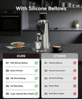 Professional 64mm Flat Burr Coffee Grinder With 100 Grind Settings All Metal Stainless Steel Body Adjustable Electronic Timer Anti Static LED Display For Rich Balanced Coffee Flavor with silicone bellows shown in a modern kitchen setting.
