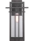Front view of Boxwood Collection 1 Light Outdoor Wall Lantern In Antique Bronze With Clear Seeded Glass Craftsman Style Large Exterior Light
