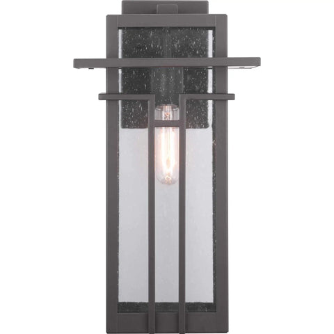 Front view of Boxwood Collection 1 Light Outdoor Wall Lantern In Antique Bronze With Clear Seeded Glass Craftsman Style Large Exterior Light