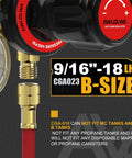 Close-up of oxygen and acetylene regulators showing 9/16-18 outlet and labeling, for medium duty welding torch, CGA540 CGA510 compatible.